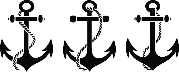 Three black nautical anchor silhouettes with rope isolated on white background   © RABBI