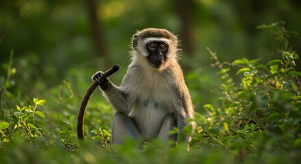 Obraz premium Monkey sitting in tall green grass daytime animal wildlife nature scene