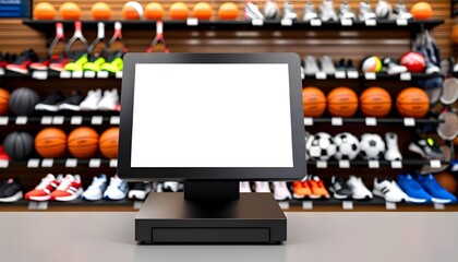 A point-of-sale system with a blank screen sits in front of shelves stocked with sports equipment in a retail store.