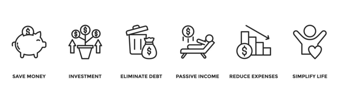 Financial freedom banner web icon vector illustration concept with icon of save money, investment, eliminate debt, passive income, reduce expenses, simplify life
