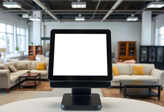 A black POS terminal with a blank screen in a furniture store.