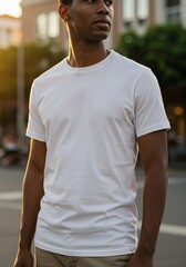 Fototapeta premium Man in a clean white cotton t-shirt standing outdoors as a casual fashion mockup