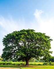 Fototapeta premium A majestic, sprawling tree stands proudly in the center of a vast, sunlit open field, its lush green leaves gently swaying in the breeze.