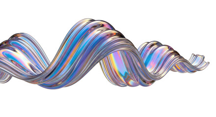 Iridescent Abstract Wave with Holographic Color Shift on White Background.