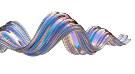 Iridescent Abstract Wave with Holographic Color Shift on White Background.