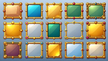 A collection of ornate, gold-framed decorative squares, each with various colorful background elements.
