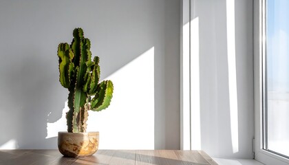 A vibrant euphorbia cactus in a light-brown bowl, bathed in sunlight, casts dramatic shadows on a light-gray wall near a window.