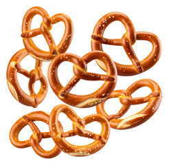 flying pretzels isolated on white background