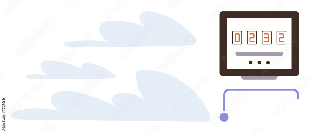 Poster digital counter with glowing numbers and connecting wire, surrounded by stylized cloud shapes. ideal