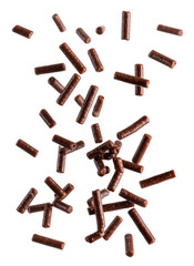 falling chocolate sprinkle jimmies isolated on white background