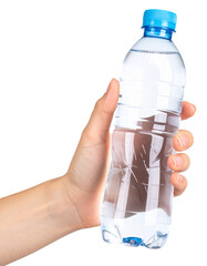 hand holding a plastic bottle of mineral water isolated on white background