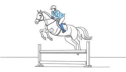 A rider and horse in mid-air, gracefully clearing a jump, showcasing equestrian skill.