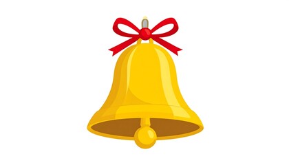 A bright, gold-colored bell with a red ribbon adorns a white background.