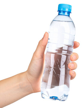hand holding a plastic bottle of mineral water isolated on white background