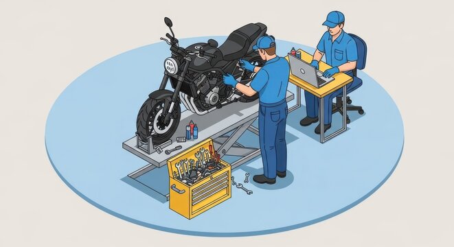 Teamwork in Motorcycle Repair Shop with Modern Technology Integration