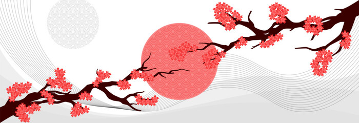Japanese Cherry Blossom Background with Red Sun and Traditional Wave Pattern