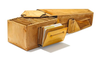 A vintage, light-brown wooden archival box, filled with numerous, stacked files, reveals a collection of old documents or photographs.