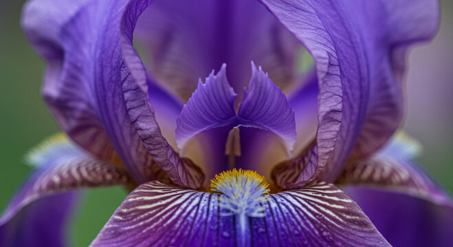 Macro close up of a purple iris flower showing delicate petals and details