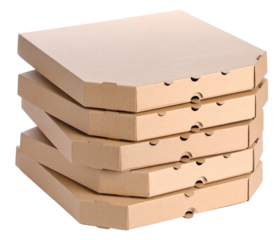 stack of cardboard pizza boxes in brown color isolated on white background