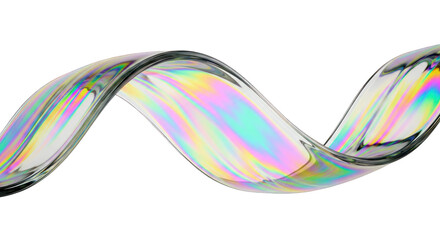 Iridescent Glass Ribbon with Rainbow Reflections on White Background.