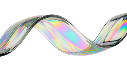 Iridescent Glass Ribbon with Rainbow Reflections on White Background.