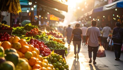 Busy market street with fresh produce