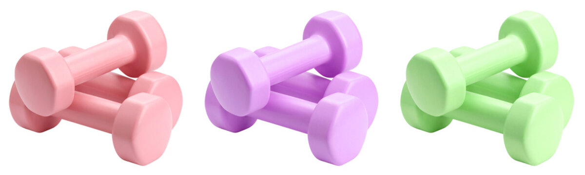 pile of women dumbbells in three colors isolated on white background