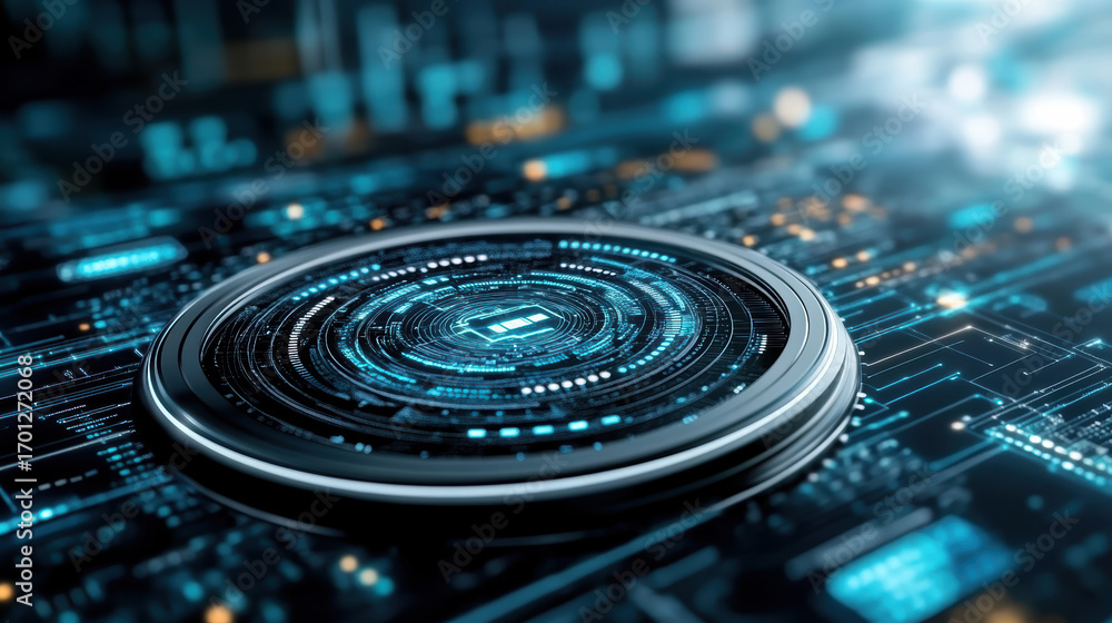 Poster futuristic digital interface with glowing elements and circular patterns, showcasing technology