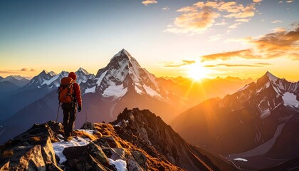 A hiker stands on a mountain peak, enjoying the breathtaking sunrise over a majestic mountain range.