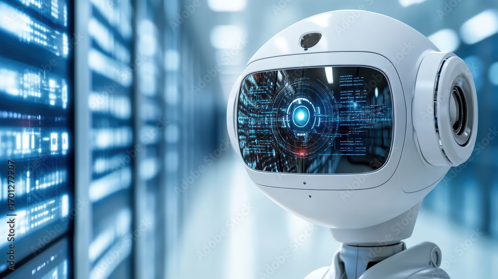 Poster futuristic robot with digital interface in data center