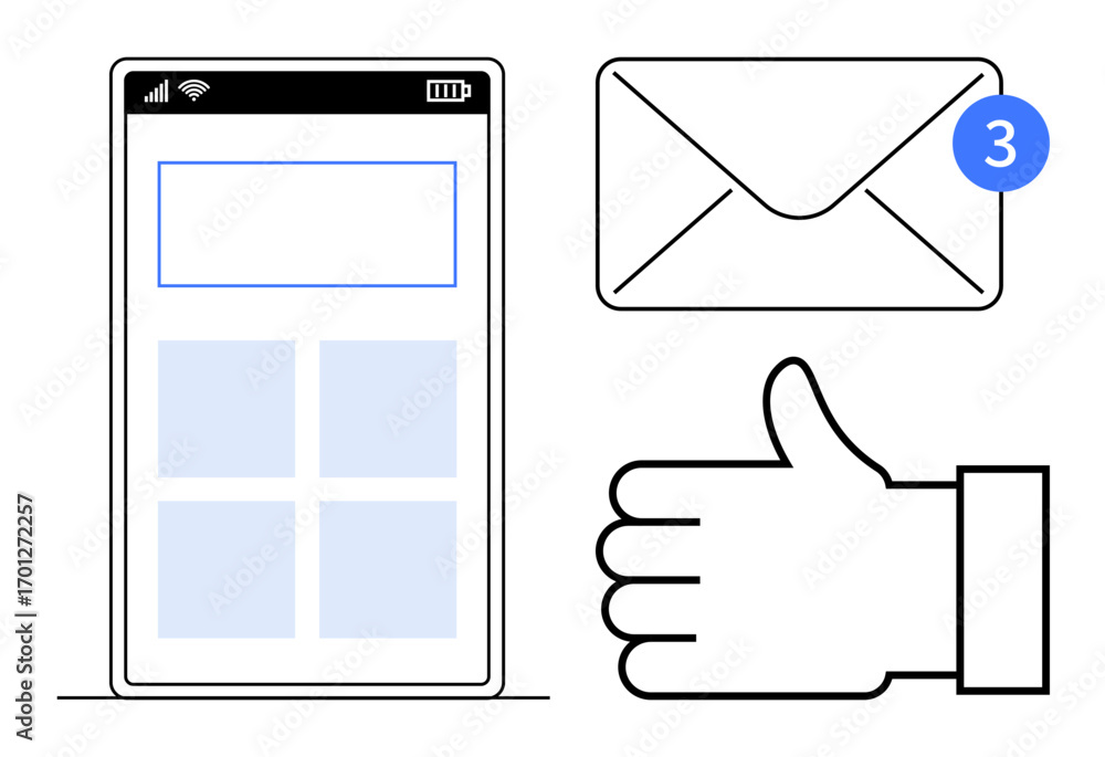 Poster smartphone screen with app interface, message icon with notification badge, and thumb-up sign for fe
