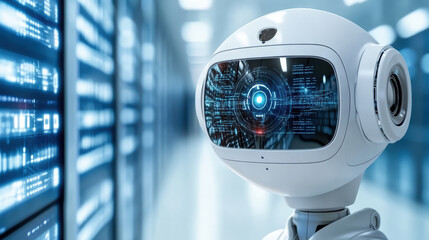 Futuristic robot with digital interface in data center