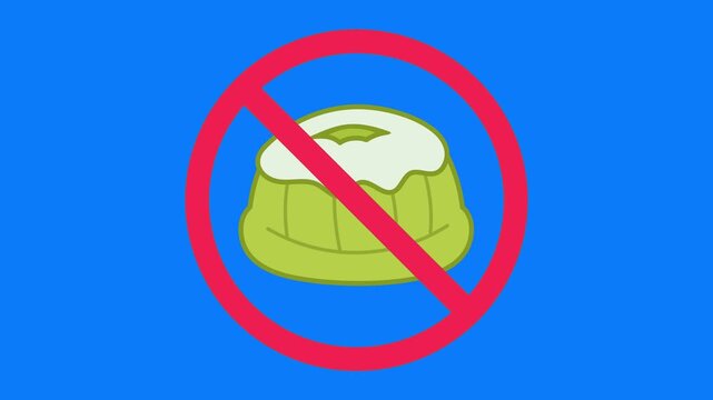 Prohibited to eat snacks, sweet food forbidden sign, do not eat snack symbol, prohibition sign with kue putu ayu icon, animated animation on green screen background
