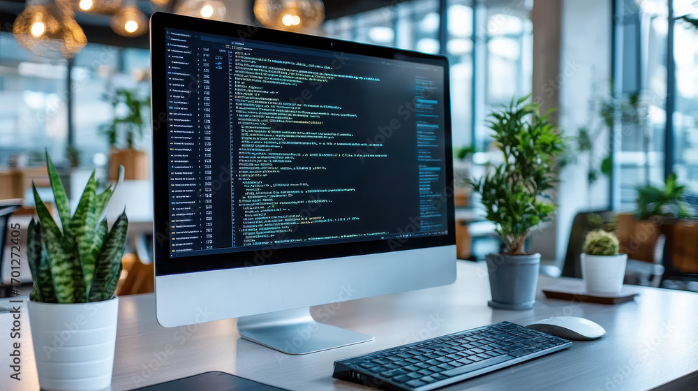 Poster modern workspace featuring computer monitor displaying code, surrounded by indoor plants
