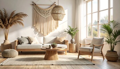 A sun-drenched living room, featuring a light-beige couch, wooden furniture, a woven hanging tapestry, and a large window showcasing a tranquil outdoor scene, creates a peaceful and airy ambiance.