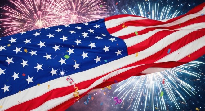 American flag with fireworks and confetti for patriotic celebrations, independence day, memorial day, labor day use cases