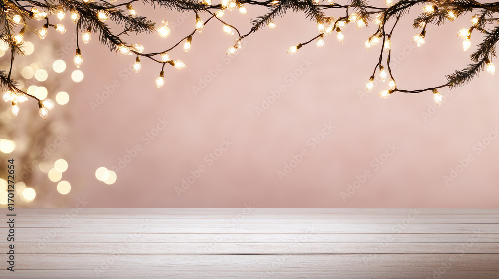 Poster Soft bokeh lights on pink background create dreamy atmosphere with festive charm