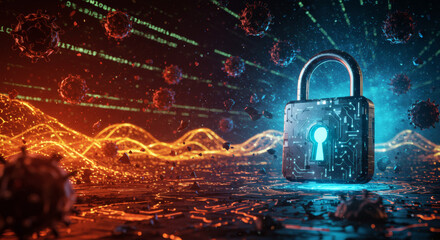 Futuristic concept of digital security, a glowing padlock firewall protects a network from a pandemic of malicious cyber virus attacks