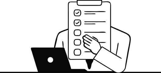Person with checklist and laptop clipboard computer 
