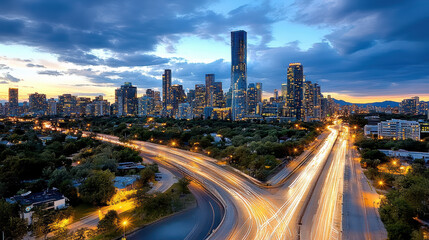 Fototapeta premium City skyline with illuminated buildings and vibrant traffic trails dusk, showcasing urban beauty