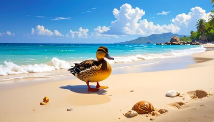Obraz premium A charming mallard duck stands gracefully on a pristine tropical beach, bathed in warm sunlight, with turquoise water gently lapping at the shore.