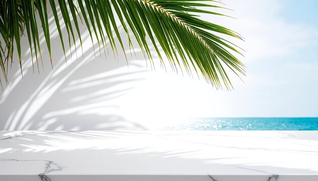 A tall palm tree sways gently on a sandy beach, framed by a vibrant blue sky dotted with fluffy white clouds, evoking a serene tropical paradise.