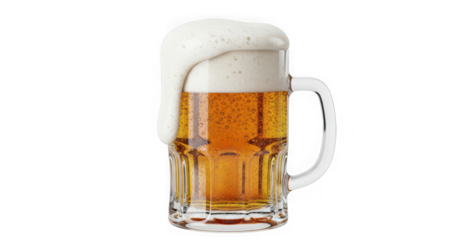 A refreshing pint of golden beer with a frothy head overflowing from a clear glass mug perfect for celebrations and gatherings transparent background - Powered by Adobe