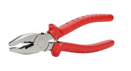 Red-handled combination pliers tool for gripping cutting and bending metal objects on a plain backdrop transparent background