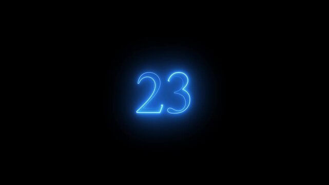 Neon text 23 number countdown icon background 4k animation .Neon number 23 with alpha channel, neon numbers, Bright neon glowing number 23.  BLUE color text..