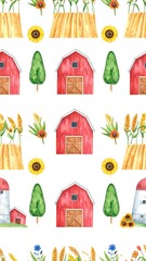 Watercolor farm pattern with barns, sunflowers, and wheat