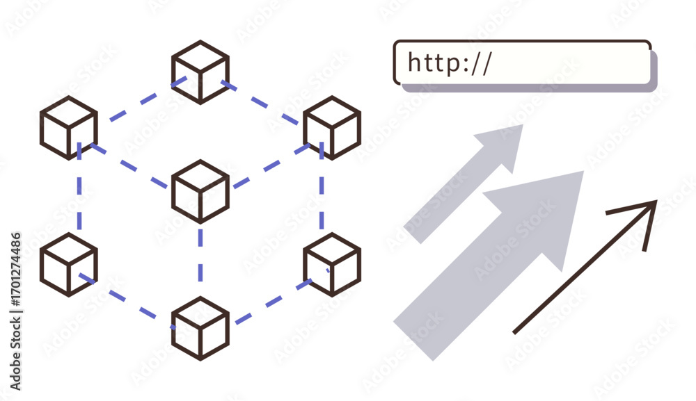 Poster hexagonal chain of cubes representing blockchain network, web url bar, and upward arrows. ideal for 