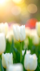 A single, pristine white tulip stands out in a field of blossoming flowers, bathed in soft, golden sunlight.
