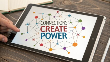 Hands Pointing at Tablet Displaying Connections Create Power Concept on Wooden Table with Notepad and Pen