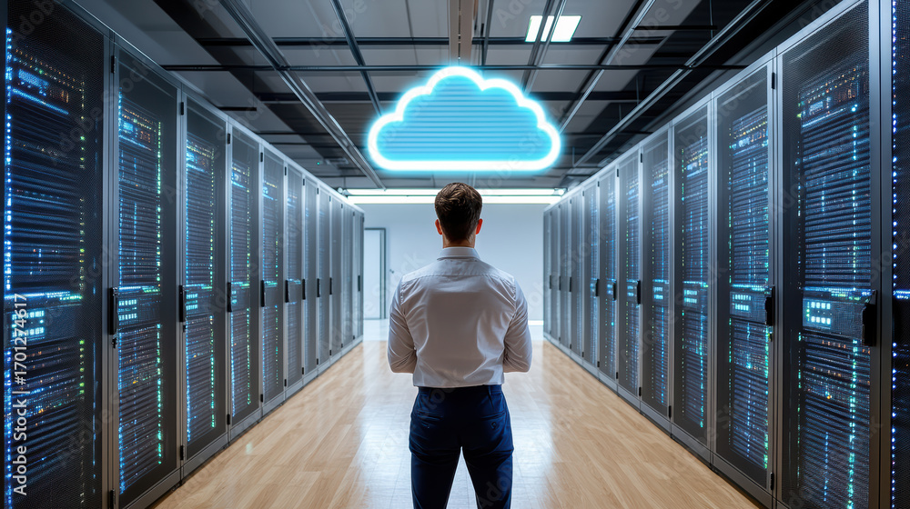 Poster cloud engineer observing analytics in server room, surrounded by technology and data